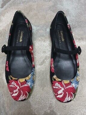 LARROUDE X MARKARIAN Floral Embroidered Black Mary Jane Flats - Red Multi